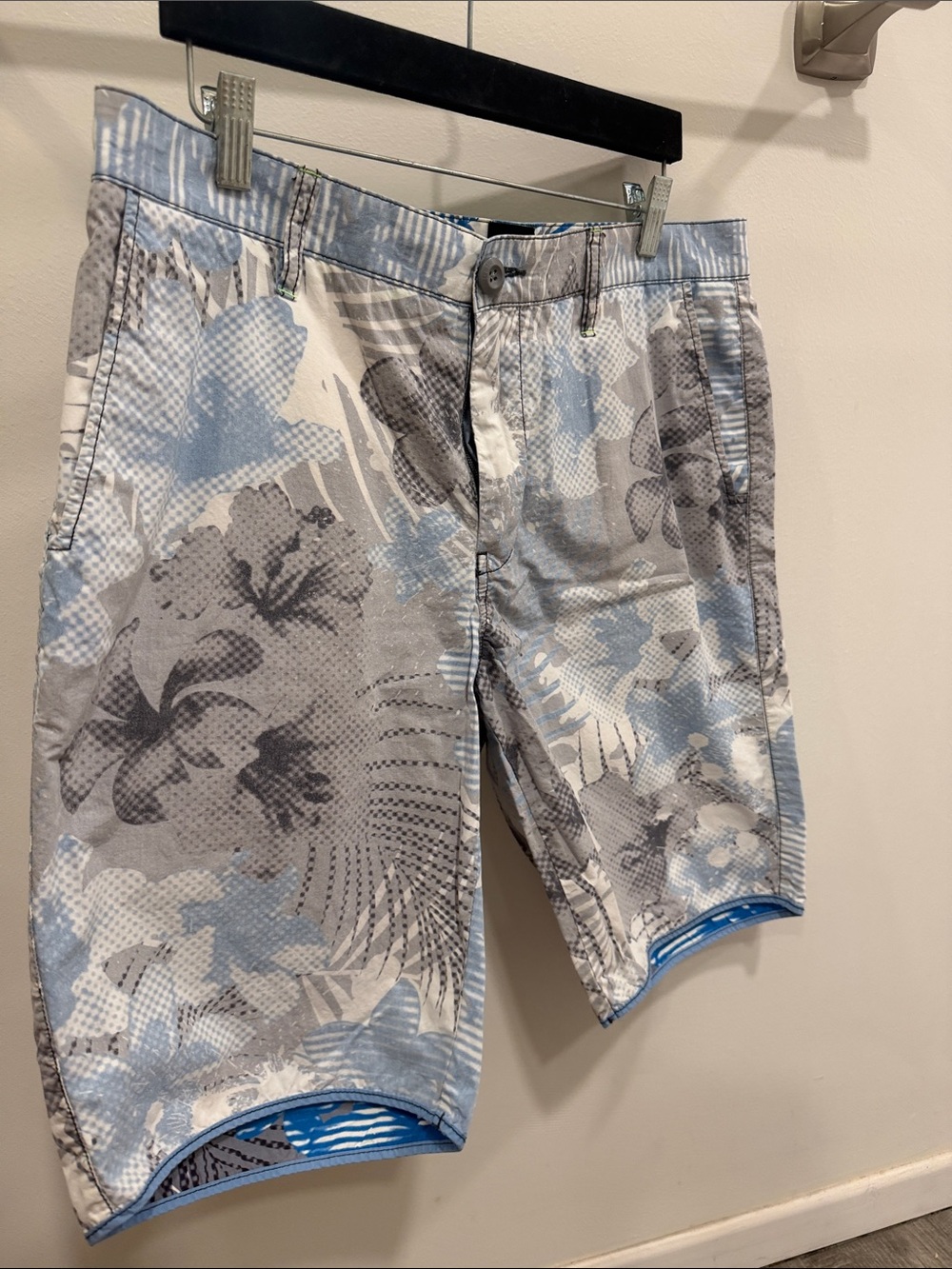 Bar III Light Blue and Gray Floral Swim Board Shorts